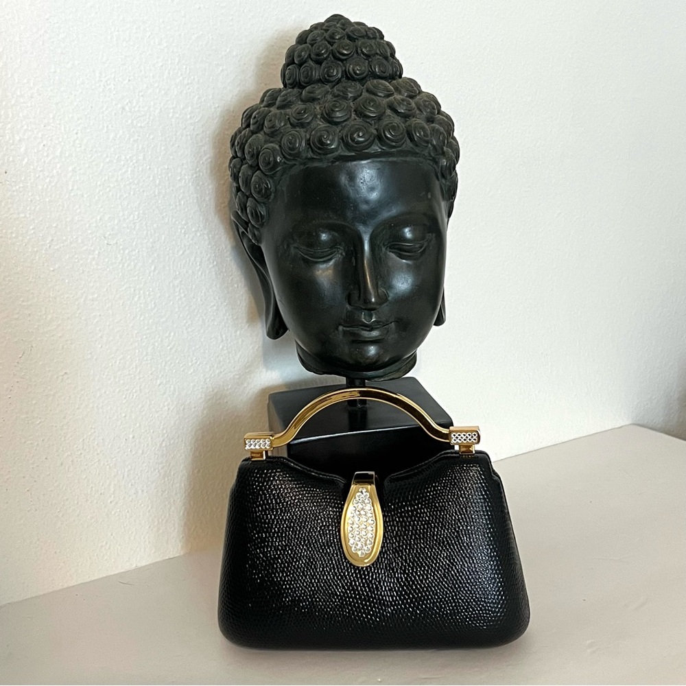Black Faux Leather Mini Handbag Crystal Clasp Gold Top Handle Structured Purse